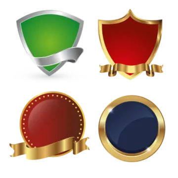 a set of four different colored shields