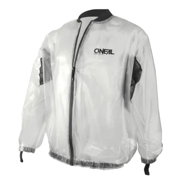 a white rain jacket with black zippers