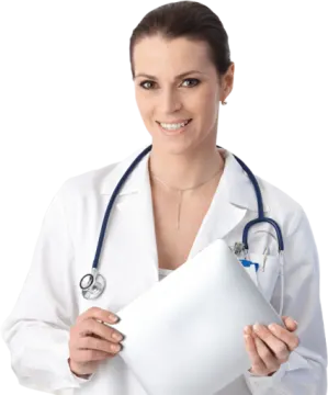 a female doctor holding a piece of paper