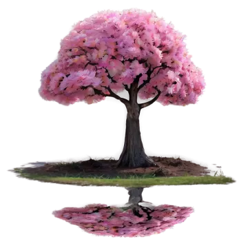 a pink tree with its reflection in the water