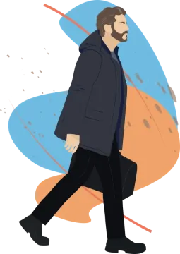 a man with a beard walking down the street