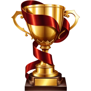 a gold trophy with a red ribbon around it
