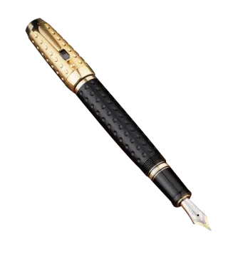 a black and gold fountain pen on a white background