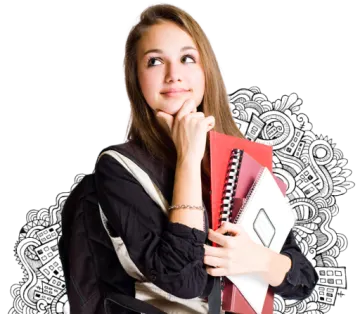 a girl holding a book and looking at the camera