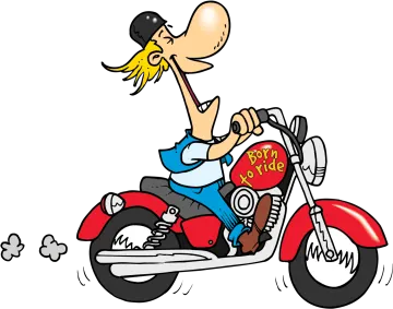 a cartoon man riding on a motorcycle