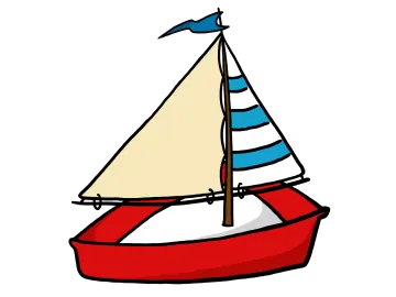 a red boat with blue and white sails