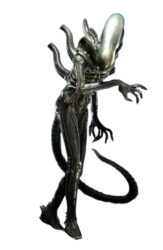 a silver alien standing on a white background