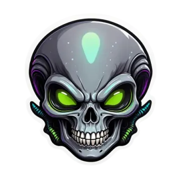 an alien skull with green eyes