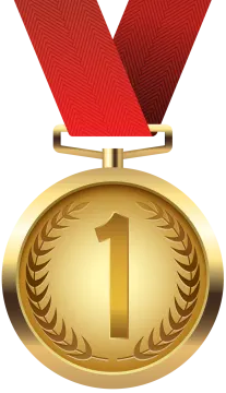 a gold medal with a red ribbon