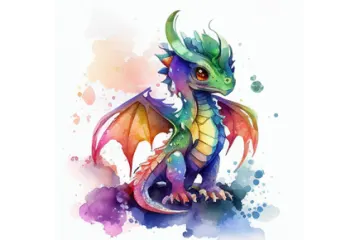a watercolor painting of a colorful dragon