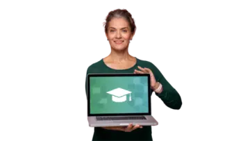 a woman holding a laptop with a graduation cap on the screen
