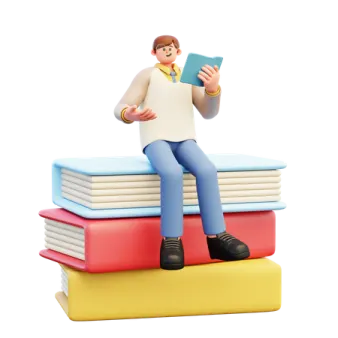 a man sitting on top of a pile of books