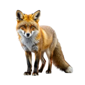 a red fox standing up against a white background