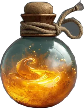 a glass bottle filled with liquid and a rope