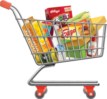 a shopping cart filled with food and snacks