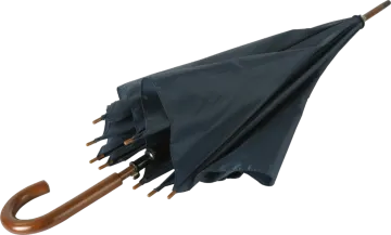a black umbrella with wooden handle