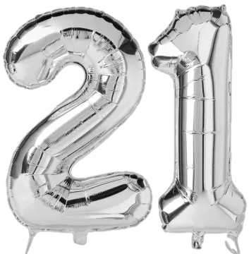 the number 21 balloon is shown in silver