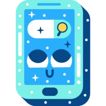 a blue and white phone with a face on it
