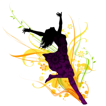 a woman dancing with flowers and swirls