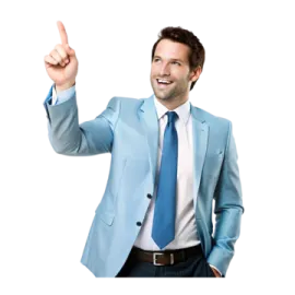 a man in a blue suit pointing at the camera