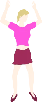 a woman in a pink shirt and red skirt