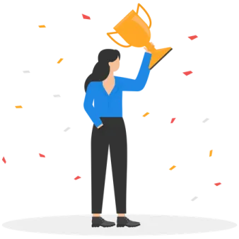 a woman holding up a trophy