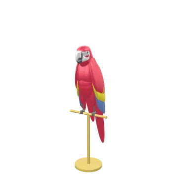 a red parrot sitting on top of a wooden stand