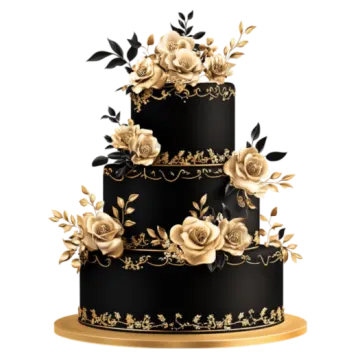 a black and gold wedding cake with roses