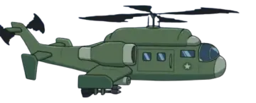 a green helicopter flying through the air