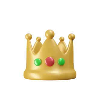 a gold crown with red and green balloons