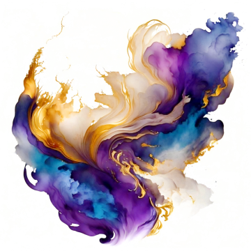 an abstract painting in purple, yellow and blue