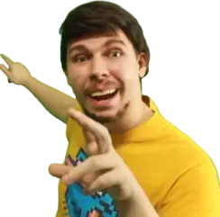 a man in a yellow shirt pointing at the camera