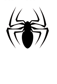 a black and white spider logo on a white background