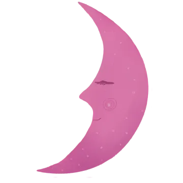 a pink crescent with a smiling face on it