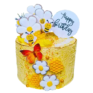 a cake decorated with bees and flowers