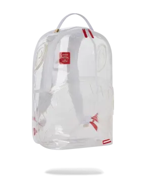 a clear backpack with red and white straps