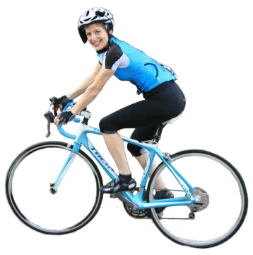 a woman riding a bike on a white background