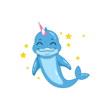 a blue whale with a unicorn horn on its head