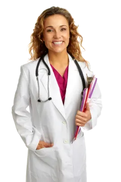 a woman wearing a white lab coat