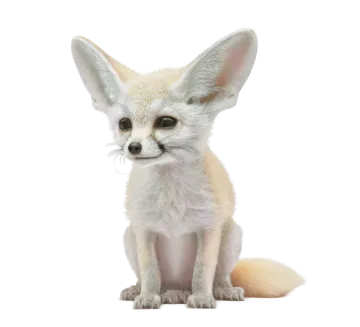 a small white fox sitting in front of a white background