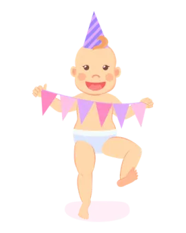 a baby in a birthday hat and diaper
