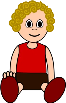 a boy with blonde hair and red shirt sitting down