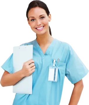 a woman in scrubs holding a clipboard