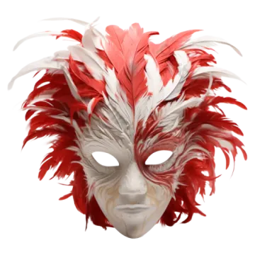 a red and white mask with feathers