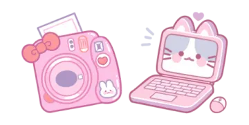an image of a laptop and a pink camera