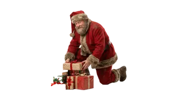 a man in a santa suit with a christmas present
