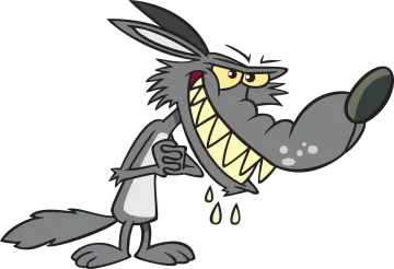 a cartoon wolf with a knife in his mouth