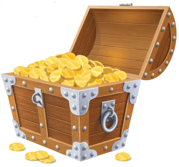a wooden chest filled with gold coins