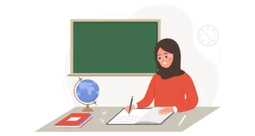 a woman sitting at a desk in front of a blackboard
