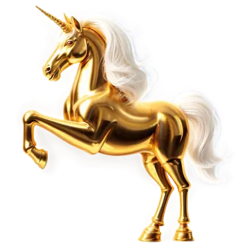 a golden unicorn statue on a white background